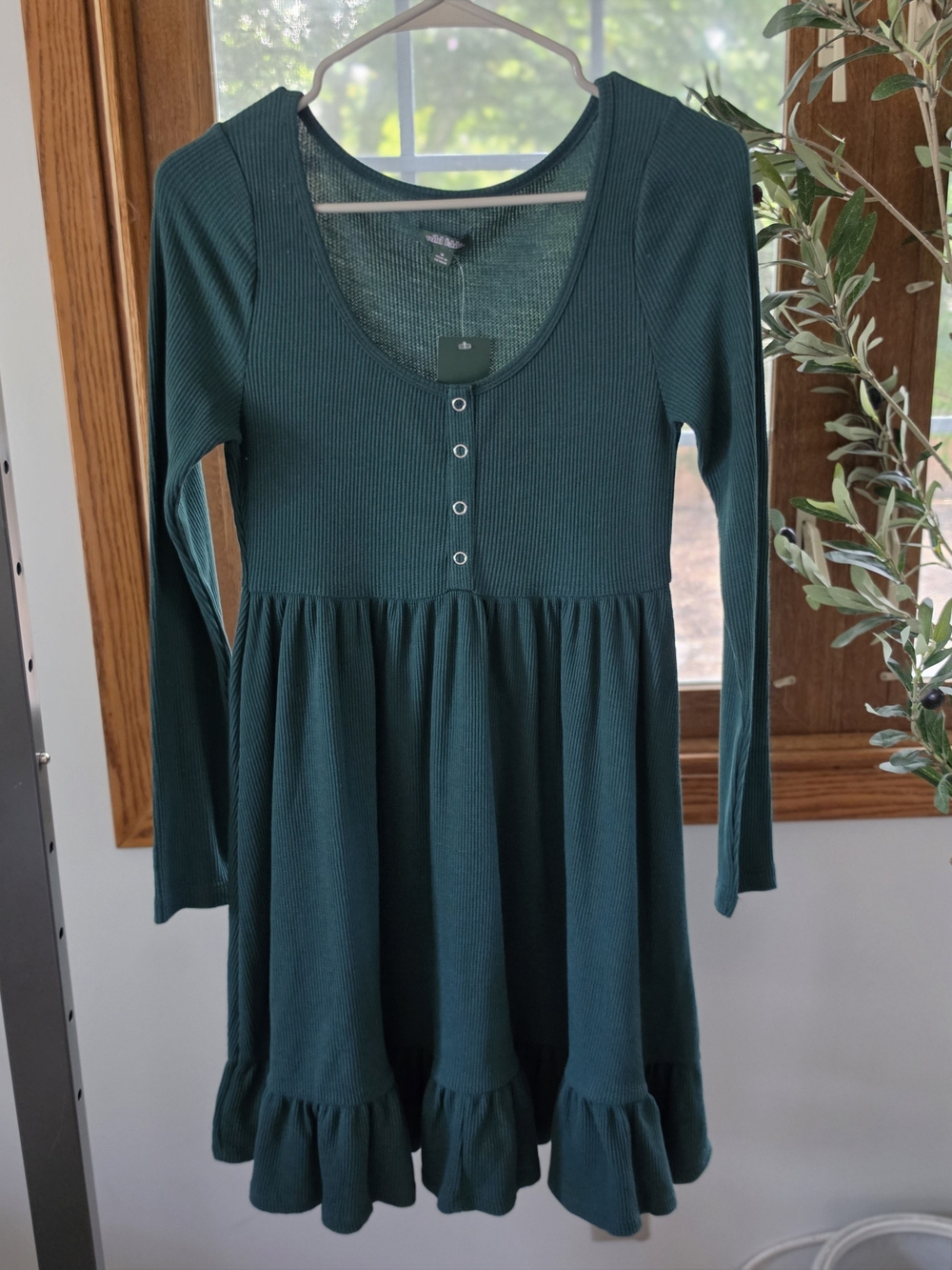Wild fable Teal Ribbed Knee Long-Sleeve Ruffle-Hem Dress